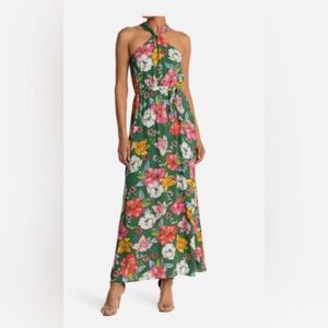 DR2 DANIEL RAINN Green Floral Belted Elastic Waist Maxi Halter Dress M Nordstrom